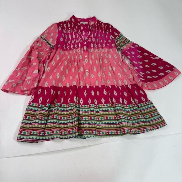 Velzera Tops - Velzera Tunic Top Womens Small Multicolor Geometric Bell Sleeve Pintuck Boho